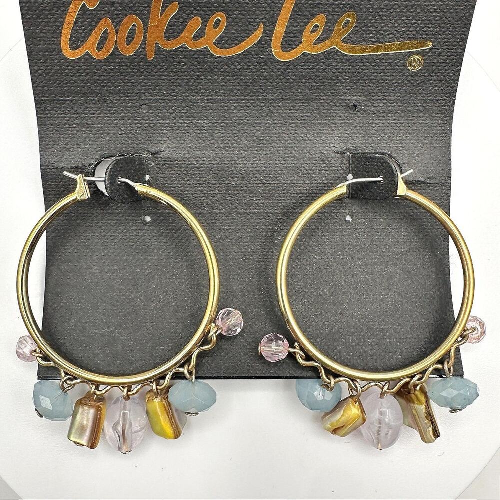 Vintage 90s Cookie Lee Gold Tone Hoop Earrings Multi-Colour Beads Ring Jewelry